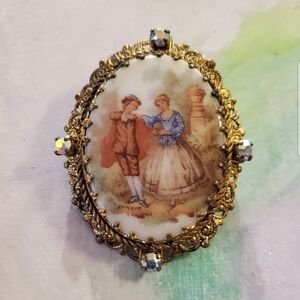 Antique Brooch Made in Germany Large  Porcelain Ornate Rhinestone